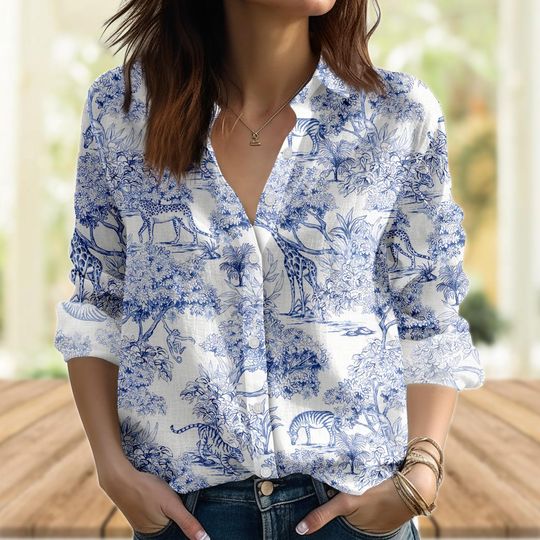 Discover Safari Jungle Animal  Women's Blouse, Giraffe Tiger Zebra Garden Shirt for Summer
