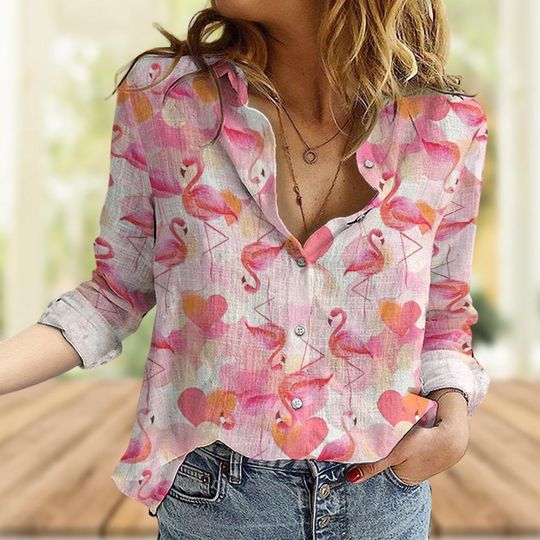 Discover Flamingo Shirt for Women, Summer Button-Up Blouse, Bird and Animal Lover Top
