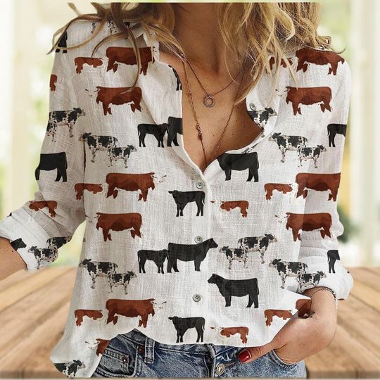 Cow Pattern Casual  Blouse for Women, Animal & Farmer Style Shirt