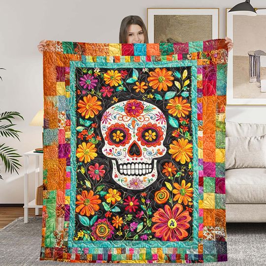 Discover Day of the Dead Skull Quilt Blanket, Dia De Los Muertos Skull Tapestry,Skull Muertos Floral Throw, Mexican Skull Decor, Gothic Blanket