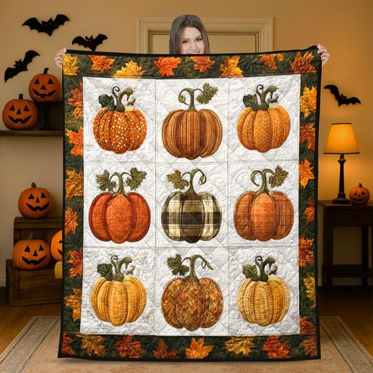 Discover Colorful Pumpkin Quilt Blanket, Halloween Autumn Patchwork Throw, Cozy Spooky Season Blanket for Sofa Couch Bed, Fall Decor Gift for Her