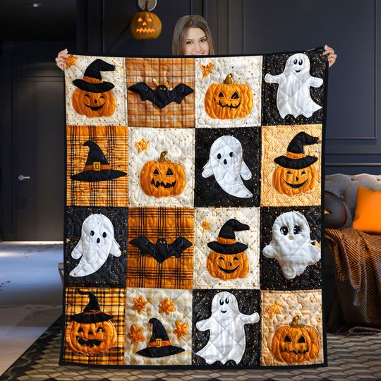 Discover Halloween Ghost Pumpkin Quilt Blanket, Spooky Cute Witch Hat Bat Pattern Throw Blanket, Fall Autumn Decor For Couch Bed Sofa, Halloween Gift