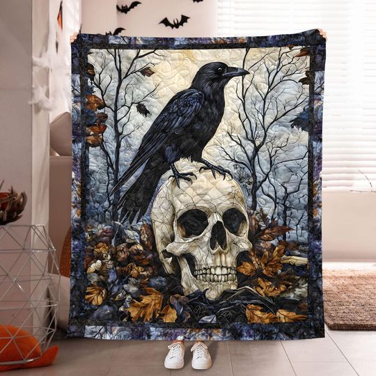 Discover Crow Quilt Blanket, Raven Decor, Autumn Vibes Decor, Spooky Season Gift, Gothic Halloween Blanket Gift, Raven Blanket Decor