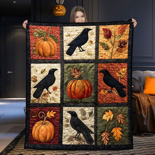 Discover Halloween Crow Pumpkin Quilt Blanket, Spooky Fall Raven Throw With Autumn Leaves, Quilted Gothic Blanket For Halloween Home Decor