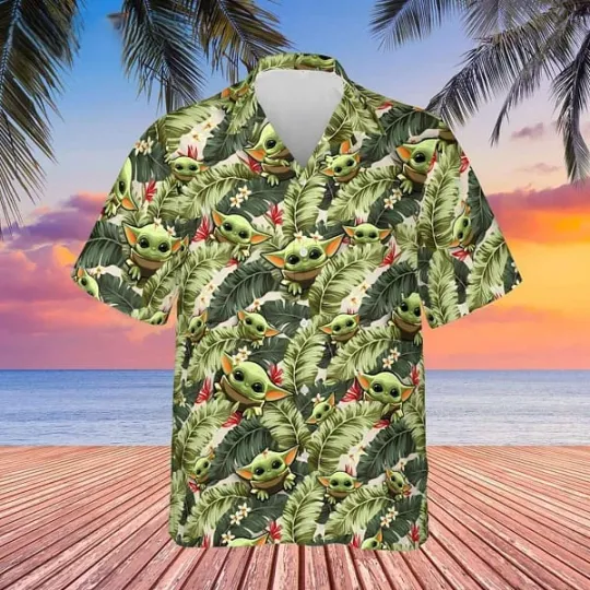Discover Disney Star Wars Baby Yoda Forest Tropical Leaves Hawaiian Shirt