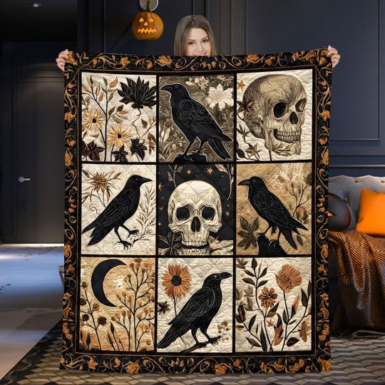 Gothic Raven Skull Quilt Blanket, Halloween Crow Patchwork Throw, Spooky Floral Skeleton Bedspread, Dark Aesthetic Witchy Bedding Gift