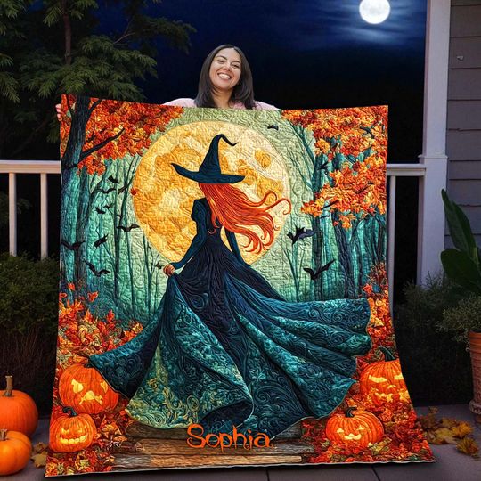 Discover Personalized Halloween Witch Quilt Blanket, Full Moon Pumpkin Fall Throw, Spooky Autumn Home Decor, Cozy Gift for Halloween Lovers
