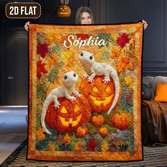Discover Custom Gecko Pumpkin Halloween Quilt Blanket, Cozy Gecko Autumn Leaves Blanket, Personalized Fall Bedding Gift for Kids and Adults