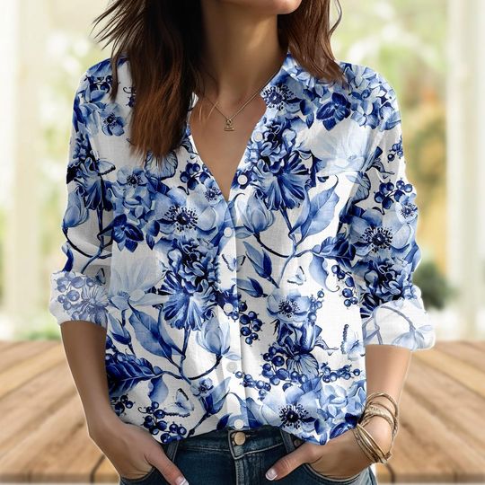 Retro Floral  Blouse, Vintage Navy Botanical Shirt, Cottagecore Garden Women's Top