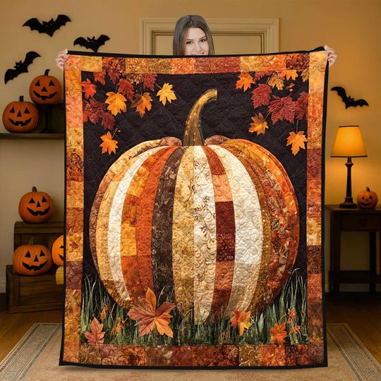 Discover Autumn Pumpkin Quilt Blanket, Cozy Autumn Fall Throw with Leaves, Pumpkin Halloween Bedding, Rustic Harvest Home Decor Gift,Pumpkin Tapestry