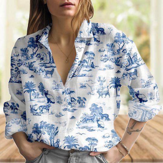 Discover Blue Safari Animal Shirt for Women, Jungle Wildlife Blouse, Summer Safari Top