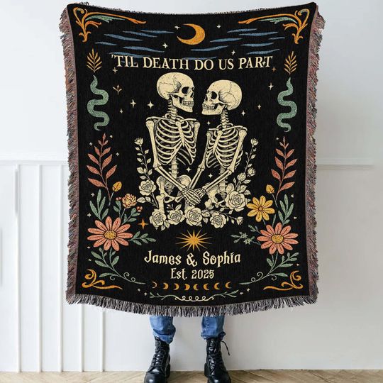 Discover Custom Retro Vintage Skeleton Lovers Woven Throw Blanket, Gothic Wedding Woven Tapestry, Spooky Wedding Tapestry, Anniversary Gift for Goth