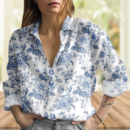 Discover Blue Floral  Women's Blouse with Vintage Rose Design