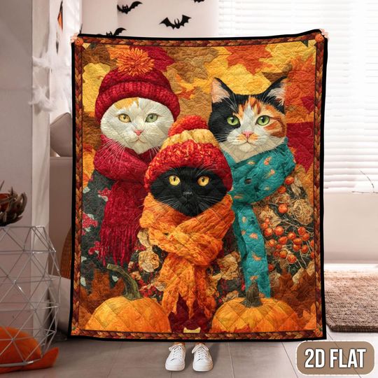 Discover Trio Autumn Cats Quilt Blanket, Fall Vibes Blanket, Fall Blanket for Cat Lovers, Halloween Home Decor, Gift for Cat Lovers, Fall Decor