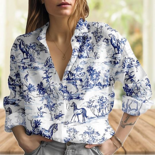 Discover Retro Horse  Women's Blouse, Blue & White Equestrian Shirt, Western Country Top