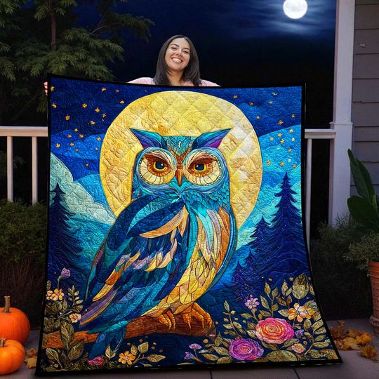 Discover Owl Quilt Blanket Moonlight Forest Art, Starry Night Owl Bedding, Witchy Nature Quilt for Owl Lover, Halloween Gift Cozy Animal Blanket