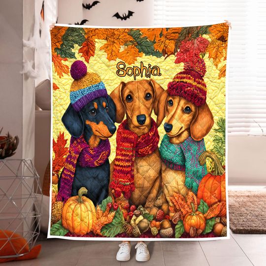 Custom Dachshund Halloween Quilt Blanket, Spooky Dachshund Throw for Fall, Haunted House Decor, Halloween Tapestry, Spooky Season Home Decor