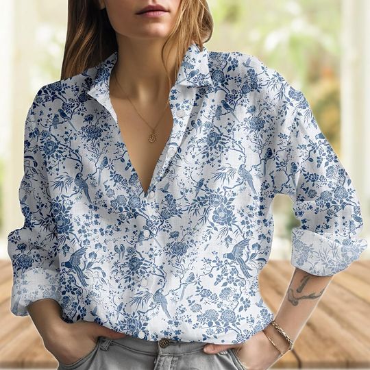 Discover Vintage Blue and White Floral Women's Blouse