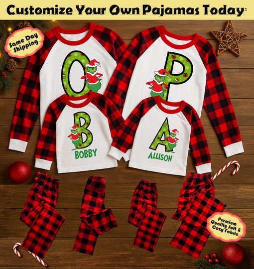 Personalized Family funny character Christmas Pajamas Set | Custom Name Plaid Matching Holiday PJs