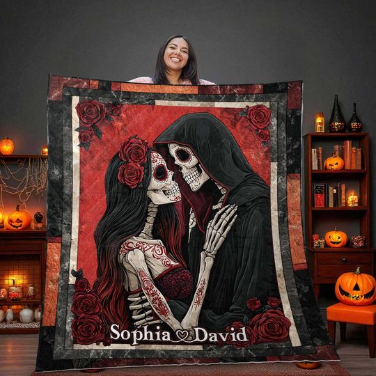 Discover Personalized Skeleton Couple Quilt Blanket, Gothic Halloween Love Throw, Custom Name Sugar Skull Bedding, Romantic Creepy Gift for Him Her