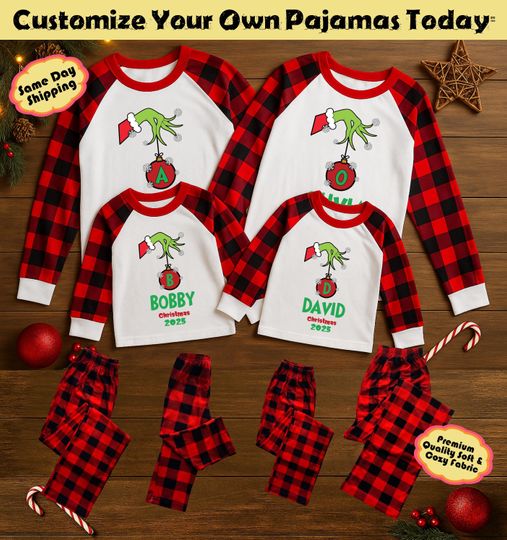 Discover Personalized Family funny character Christmas Pajamas Set | Custom Name Plaid Matching Holiday PJs