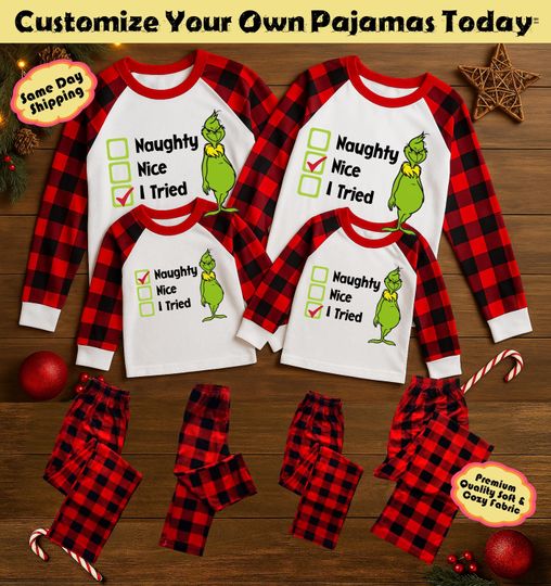 Discover Personalized Family funny character Christmas Pajamas Set | Custom Name Plaid Matching Holiday PJs