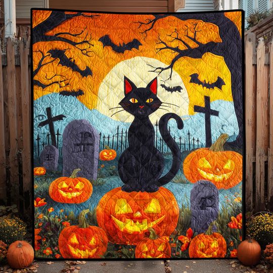 Discover Spooky Halloween Black Cat Quilt Blanket, Witch Cat Throw & Pumpkins, Fall Blanket for Cat Lovers, Gothic Halloween Home Decor, Witchy Gift