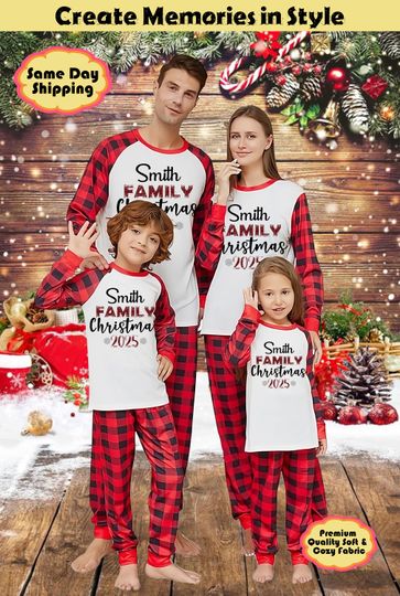 Discover Personalized Family Christmas Pajamas Set 2025 | Custom Name Plaid Holiday Sleepwear