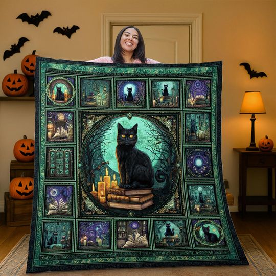 Discover Black Cat Quilt Blanket, Halloween Witch Cat Bedspread, Mystic Book Lover Throw, Gothic Home Decor, Cozy Fall Bedding Gift for Cat Lovers