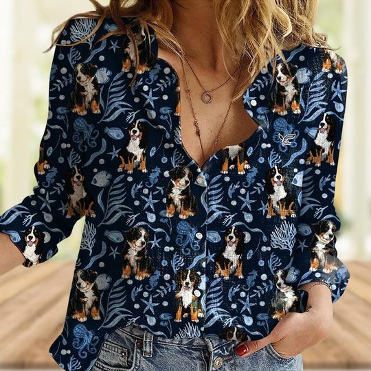 Discover Blue Ocean Bernese Mountain Dog  Women's Blouse, Long Sleeve Dog Breed Top
