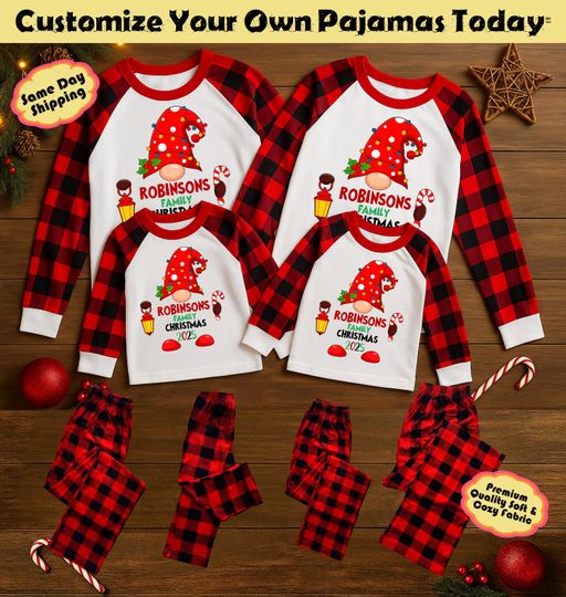 Discover Personalized Family Christmas Pajamas | Custom Name Gnome Plaid Xmas PJs Set