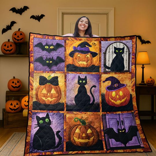 Halloween Cat Pumpkin Quilt Blanket, Black Cat Bat Pumpkin And Bat Tapestry, Spooky Fall Throw Blanket, Black Cat Halloween Home Decor Gift