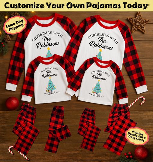 Discover Personalized Christmas Tree Family Pajamas | Custom Name Plaid Xmas PJs Set 2025