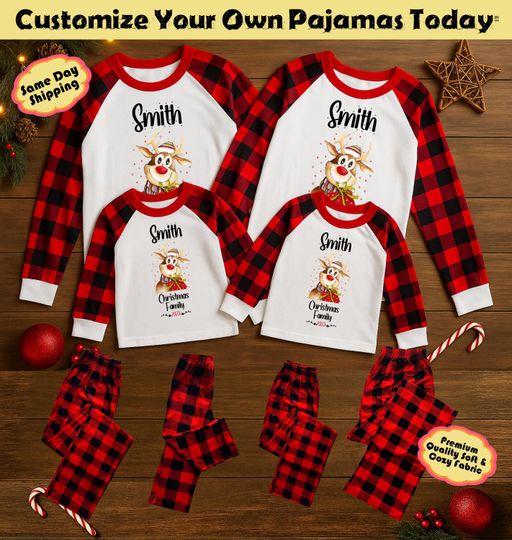 Discover Personalized Reindeer Family Christmas Pajamas | Custom Name Plaid Xmas PJs