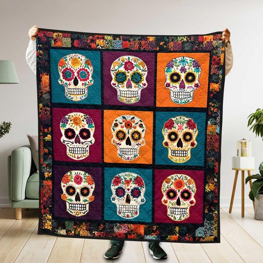 Discover Sugar Skull Quilt Blanket, Mexican Day of The Dead Bedding, Colorful Folk Art Skull Throw, Gothic Halloween Bedspread Home Decor