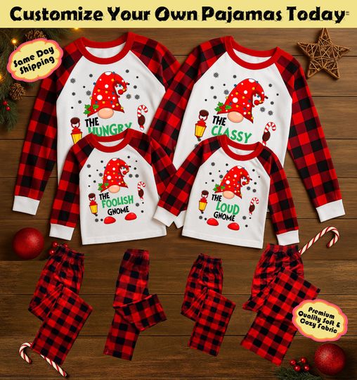 Personalized Christmas Gnome Pajamas | Custom Family Plaid Xmas PJs