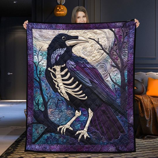 Discover Skeleton Crow Quilt Blanket, Gothic Halloween Raven Throw Blanket, Spooky Skull Bird Bedding, Creepy Halloween Decor Blanket for Witchy Home