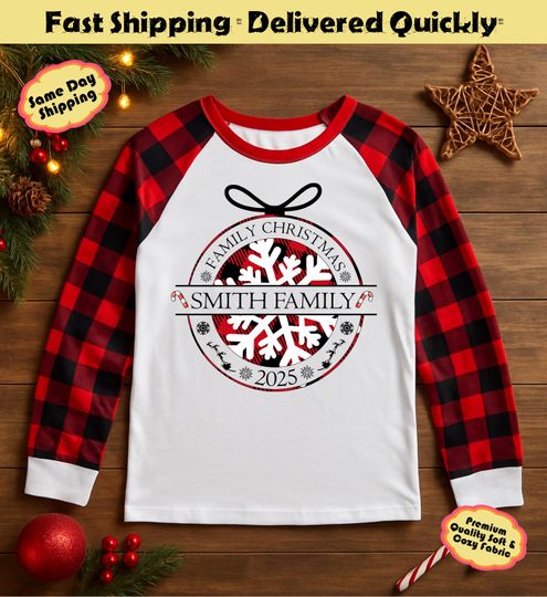 Discover Personalized Snowflake Family Christmas Pajamas | Custom Name Plaid Xmas PJs