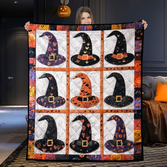 Witch Hat Halloween Quilt Blanket, Spooky Fall Bed Throw, Cozy Autumn Witch Blanket, Halloween Decor for Bedroom, Witchy Hat Tapestry