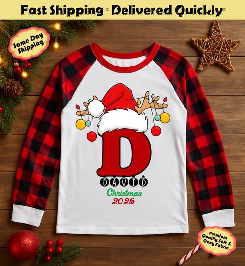 Discover Personalized Santa Initial Christmas Pajamas | Custom Family Name Plaid Xmas PJs