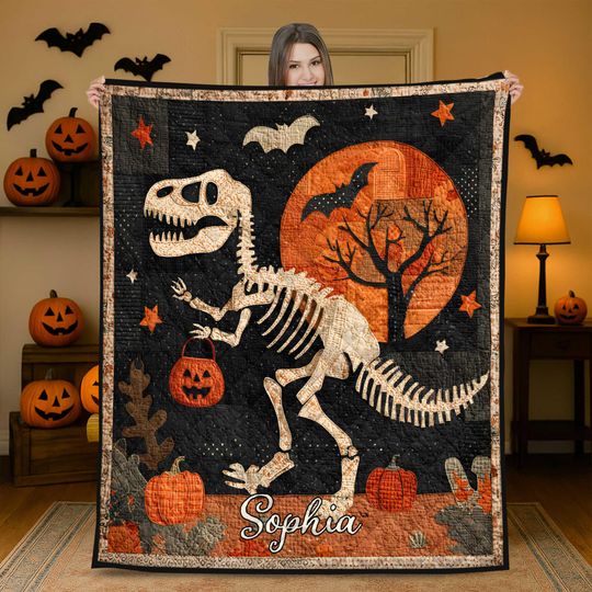 Discover Scary T-Rex Halloween Quilt Blanket, Dinosaur Skeleton Pumpkin Bedding, Spooky Fall Throw Blanket, Custom Halloween Home Dcor Gift