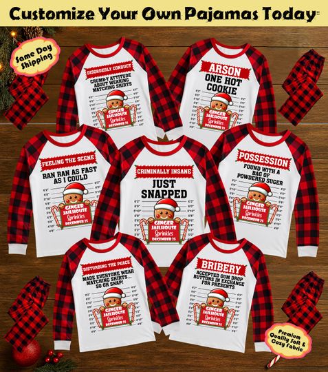 Funny Matching Family Christmas Pajamas | Custom Gingerbread Mugshot Shirts | Personalized Xmas PJs 2025