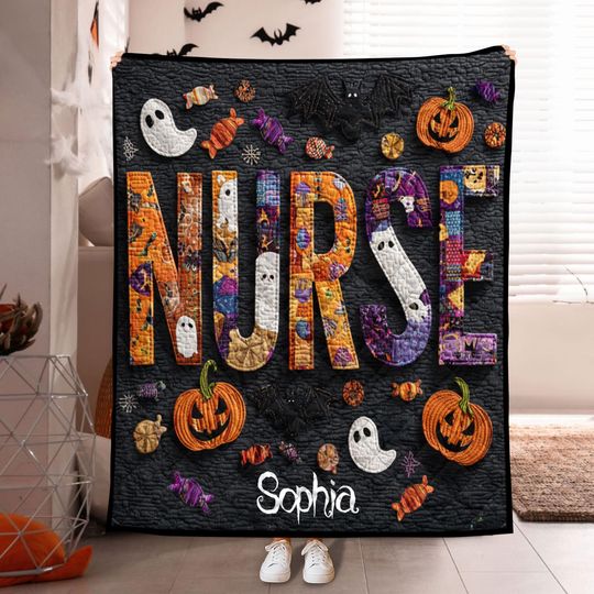 Discover Personalized Nurse Halloween Quilt Blanket, Custom Name Pumpkin Ghost Patchwork Throw, Spooky Holiday Gift for Nurses and Healthcare Heroes