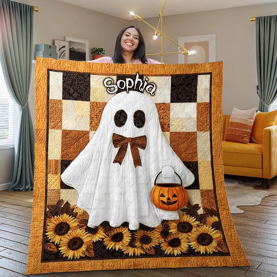 Discover Personalized Halloween Ghost Quilt Blanket, Cute Sunflower Pumpkin Throw, Custom Autumn Cozy Bedding, Spooky Fall Home Decor, Ghost Fall