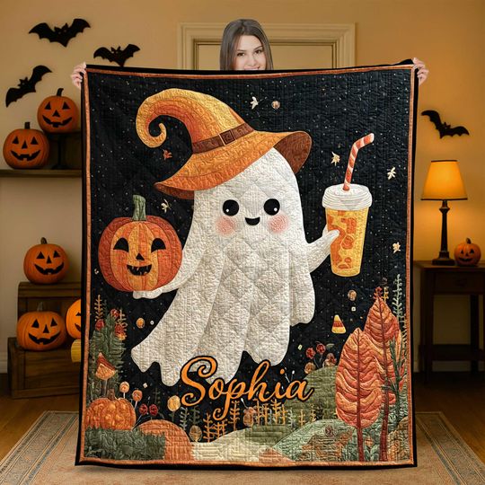 Discover Personalized Halloween Ghost Quilt Blanket, Cute Ghost Pumpkin Witch Hat Throw, Custom Spooky Fall Bedding, Cozy Autumn Home Decor Gift