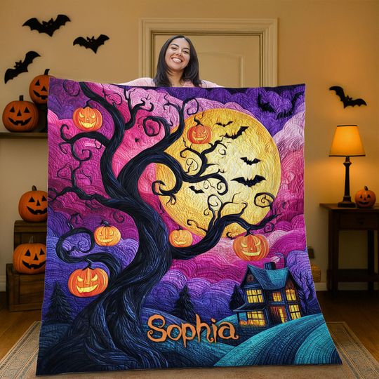 Personalized Halloween Quilt Blanket, Spooky Haunted Tree Pumpkin Bat Throw, Custom Full Moon Autumn Bedding, Cozy Gothic Home Decor