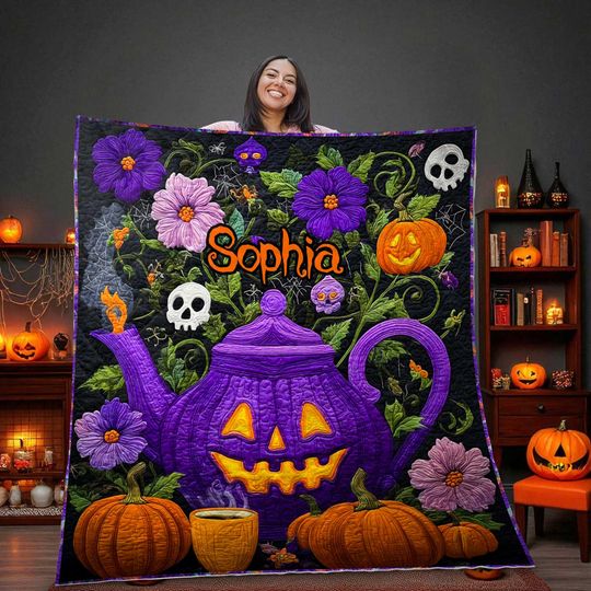 Discover Personalized Halloween Quilt Blanket, Purple Pumpkin Teapot Throw with Skulls and Flowers, Custom Spooky Autumn Cozy Home Decor Gift