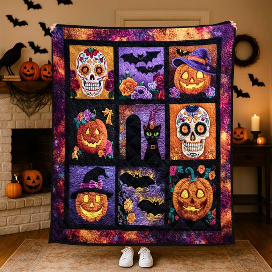 Discover Halloween Spooky Quilt Blanket, Sugar Skull Pumpkin Bat Cat Throw, Black Cat Spooky Bedding, Day of the Dead Cozy Home Decor Gift