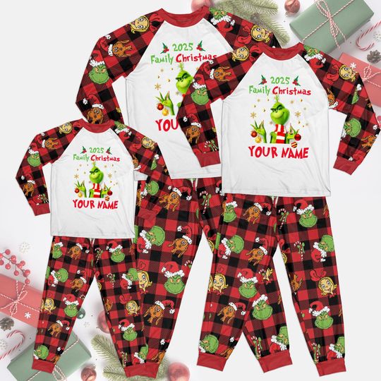 Funny funny character Christmas Cozy Pajama Set, Personalized Grin Loungewear, Family Matching funny character Pjs Set, Xmas Christmas Eve Holiday Pjs