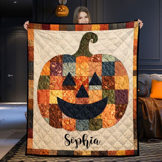 Discover Personalized Halloween Pumpkin Quilt Blanket, Custom Name Jack O Lantern Patchwork Design, Cozy Fall Sofa Bed Throw Gift for Kids and Adults